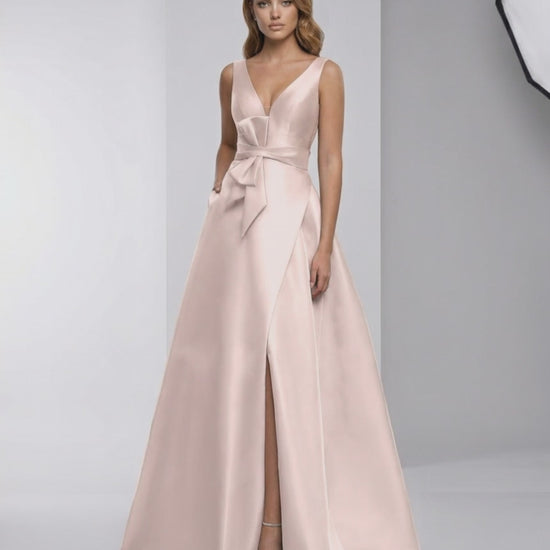 Zafira Maxi Dress - Blush Satin A-Line V-Neck with bow detail by Lauven, exuding elegance and modern style.