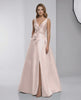 Zafira Maxi Dress - Blush Satin A-Line V-Neck with bow detail by Lauven, exuding elegance and modern style.