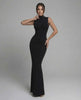 Noctra Maxi Dress: Black sleeveless dress with mock neck, tailored fit, and elegant floor-length silhouette by Lauven.