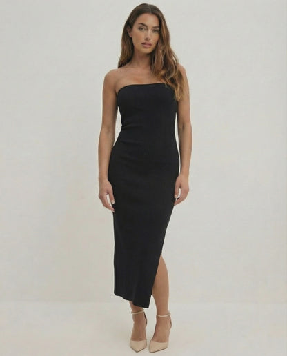 Noctis Midi Dress by Lauven – Elegant strapless black sheath dress with a side slit and slim fit.
