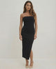 Noctis Midi Dress by Lauven – Elegant strapless black sheath dress with a side slit and slim fit.