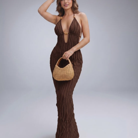 Lunara Maxi Dress, textured polyester blend, halter V-neck, modern silhouette by Lauven.