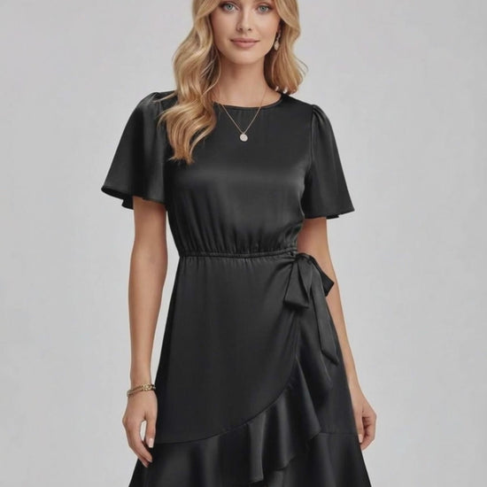 Lauven Noir Mini Dress featuring a sleek satin finish, ruffle hem, and flattering tie waist, perfect for elegant occasions.
