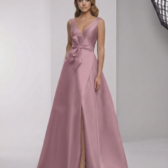 Velmira Maxi Dress – Dusty Rose Satin A-Line V-Neck Evening Dress with elegant structure and softness from Lauven.