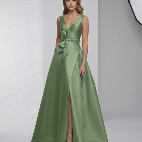 Siena Maxi Dress - Green Satin A-Line V-Neck with elegant bow, creating a polished floor-length look by Lauven.