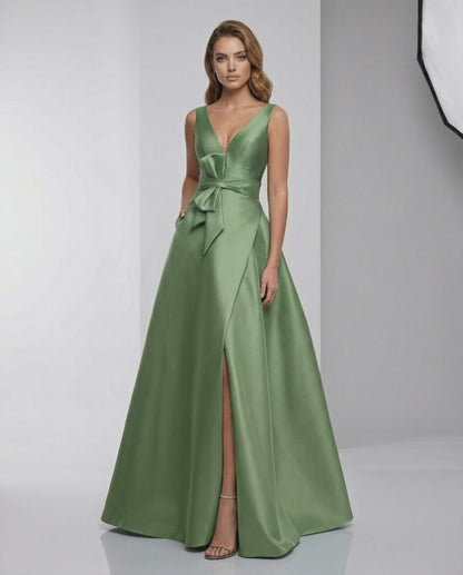 Siena Maxi Dress - Green Satin A-Line V-Neck with elegant bow, creating a polished floor-length look by Lauven.
