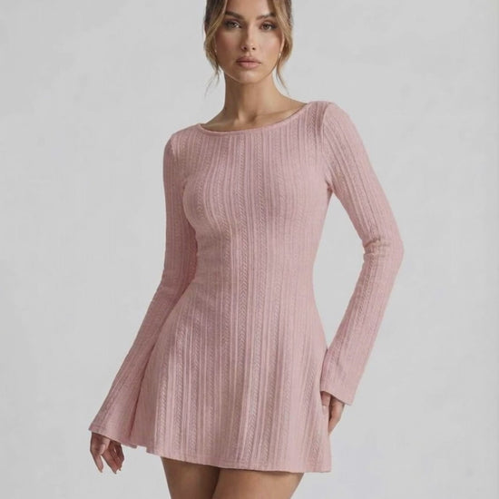 Luna Mini Dress - Soft pink cable knit, long flared sleeves, cozy fit, by Lauven, perfect for stylish comfort.