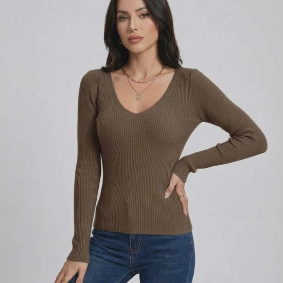 Espresso Pullover by Lauven – Women's V-neck ribbed sweater in brown, slim fit, long sleeve for stylish casual looks.