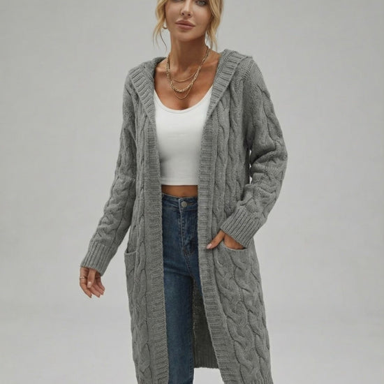 Aspen Cardigan by Lauven - Women's long cable knit sweater for fall and winter in grey.