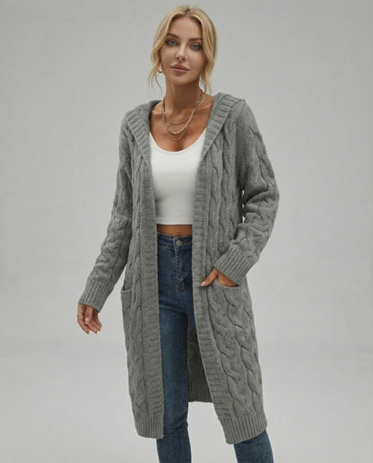 Aspen Cardigan by Lauven - Women's long cable knit sweater for fall and winter in grey.