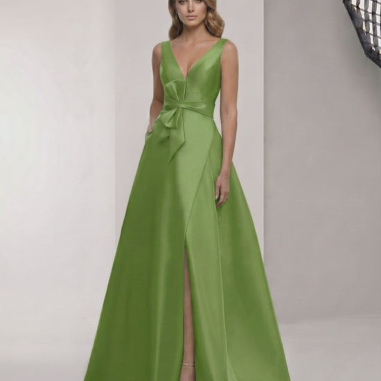 Zafira Maxi Dress - Green Satin A-Line Maxi Dress with Wrap Slit and Bow Waist by Lauven