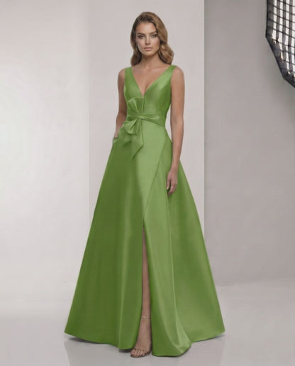 Zafira Maxi Dress - Green Satin A-Line Maxi Dress with Wrap Slit and Bow Waist by Lauven