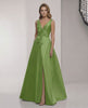 Zafira Maxi Dress - Green Satin A-Line Maxi Dress with Wrap Slit and Bow Waist by Lauven