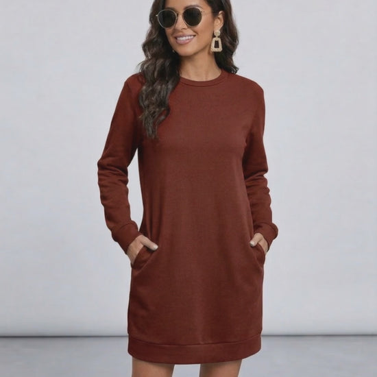 Terra Mini Dress by Lauven in rich brown, casual O neck long sleeve sweatshirt style with pockets.