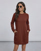 Terra Mini Dress by Lauven in rich brown, casual O neck long sleeve sweatshirt style with pockets.