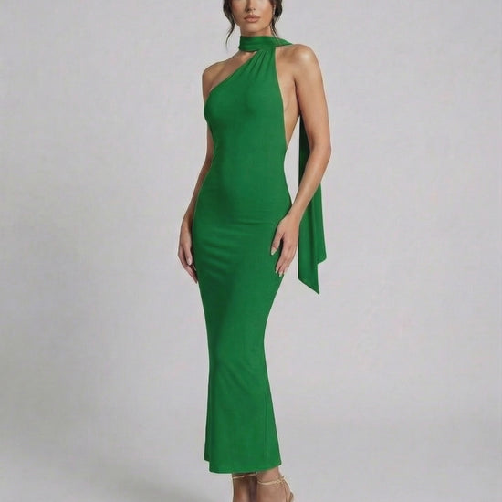 Ivy Maxi Dress by Lauven in rich green, featuring halter neck and open back design for an elegant look.