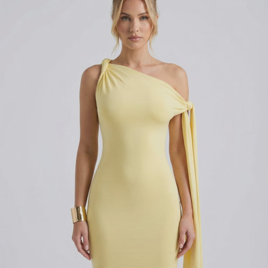 Solara Mini Dress - Yellow one shoulder bodycon dress with asymmetric neckline by Lauven.