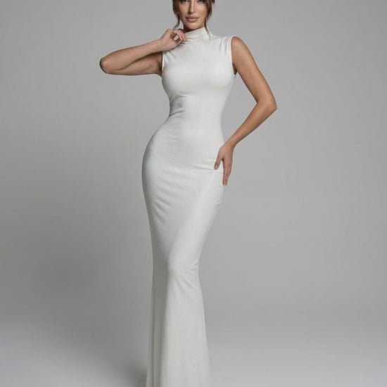 Aurelia Maxi Dress - White sleek sleeveless dress with mock neck and fitted silhouette by Lauven.