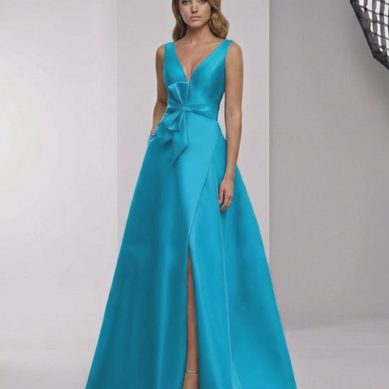 Zephyra Maxi Dress, teal satin A-line, wrap slit, bow waist for elegant occasions by Lauven.