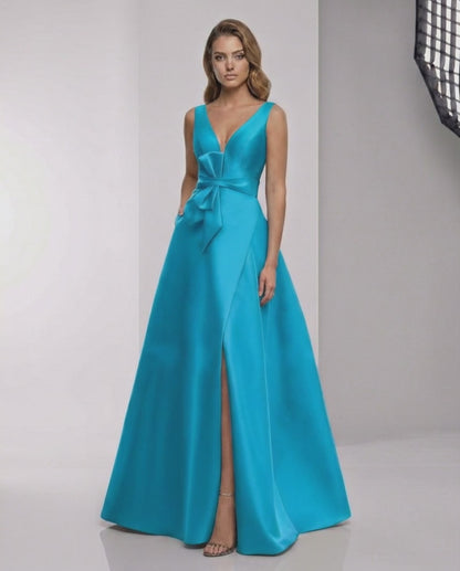 Zephyra Maxi Dress, teal satin A-line, wrap slit, bow waist for elegant occasions by Lauven.