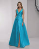 Zephyra Maxi Dress, teal satin A-line, wrap slit, bow waist for elegant occasions by Lauven.