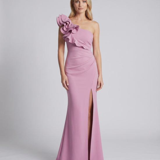 Aurelium Maxi Dress featuring smooth stretch fabric, one-shoulder design, and wavy detailing by Lauven.
