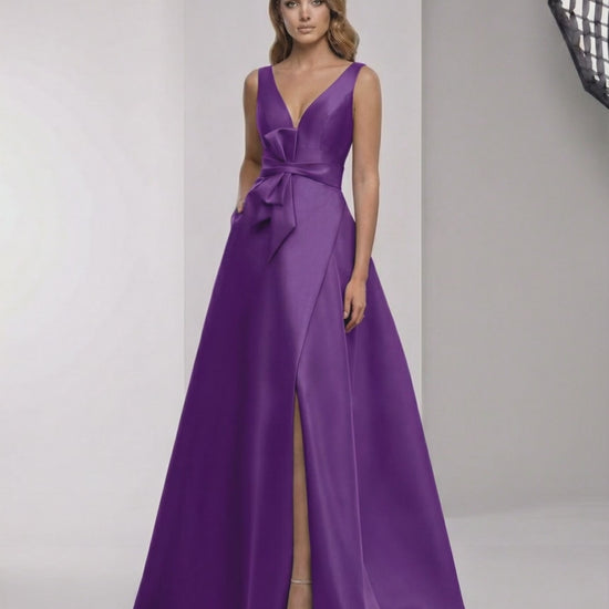 Sienna Maxi Dress - Purple satin A-line dress with wrap slit and bow waist by Lauven, embodying elegance and sophistication.