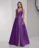 Sienna Maxi Dress - Purple satin A-line dress with wrap slit and bow waist by Lauven, embodying elegance and sophistication.