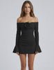 Orion Mini Dress by Lauven featuring off-shoulder neckline and floral accent on a fitted black silhouette.