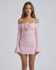 Lauven Celeste Mini Dress in soft pink with off-shoulder floral detail and gathered ruching.