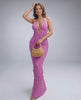 Lunara Maxi Dress in textured polyester blend, halter V-neck design for elegant summer styling by Lauven.