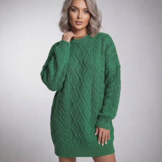 Ivy Mini Dress by Lauven in emerald green cable knit fabric with dropped long sleeves and relaxed silhouette.