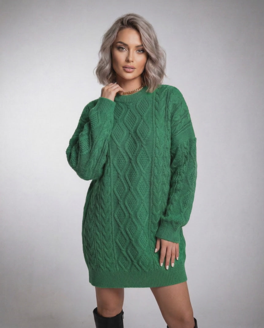 Ivy Mini Dress by Lauven in emerald green cable knit fabric with dropped long sleeves and relaxed silhouette.
