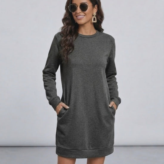 Astrid Mini Dress by Lauven, casual dark charcoal sweatshirt dress with pockets, perfect for year-round wear.