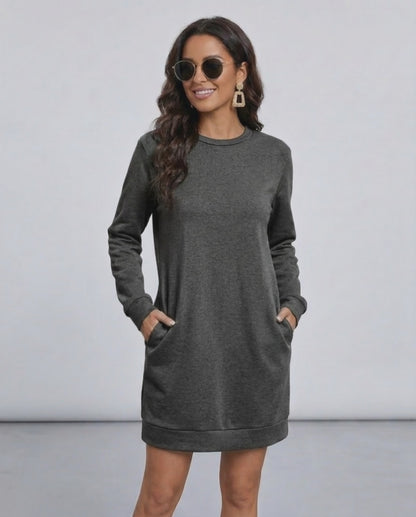 Astrid Mini Dress by Lauven, casual dark charcoal sweatshirt dress with pockets, perfect for year-round wear.