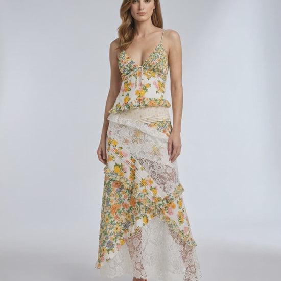 Elara Maxi Dress - Floral Lace Ruffle V-Neck Dress by Lauven, featuring delicate patterns and airy feel.