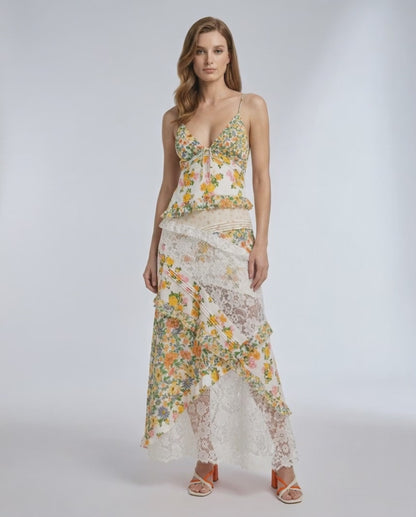Elara Maxi Dress - Floral Lace Ruffle V-Neck Dress by Lauven, featuring delicate patterns and airy feel.