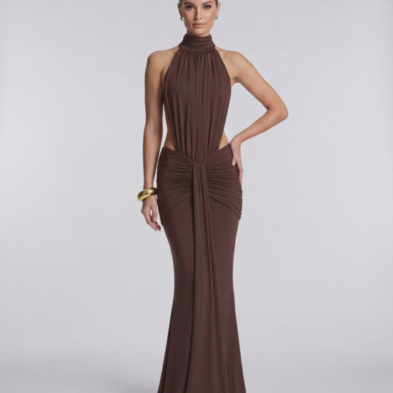 Aurelia Maxi Dress by Lauven, featuring stretch fabric and high neck, perfect for elegant evening occasions.