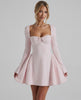 Elvire Mini Dress featuring elegant long sleeves, flattering fit, ruched neckline in soft pink by Lauven.