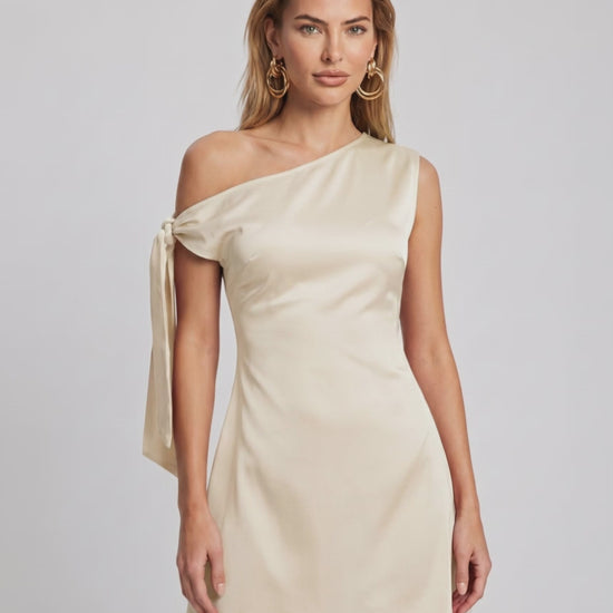 Veloura Mini Dress with satin finish, asymmetric neckline, and A-line silhouette from Lauven.