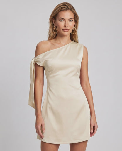Veloura Mini Dress with satin finish, asymmetric neckline, and A-line silhouette from Lauven.