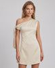 Veloura Mini Dress with satin finish, asymmetric neckline, and A-line silhouette from Lauven.