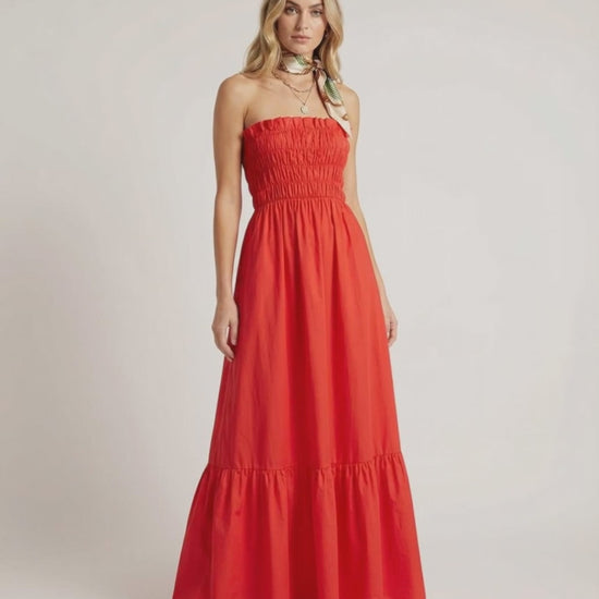 Sorella Maxi Dress: Red strapless maxi dress with smocked bodice by Lauven, perfect for summer.
