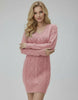 Dahlia Mini Dress by Lauven, featuring a soft ribbed texture in pink with V-neck and cable-knit pattern.