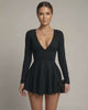 Vivian Mini Dress featuring deep V-neckline, flared skirt in classic black by Lauven, perfect for timeless elegance.