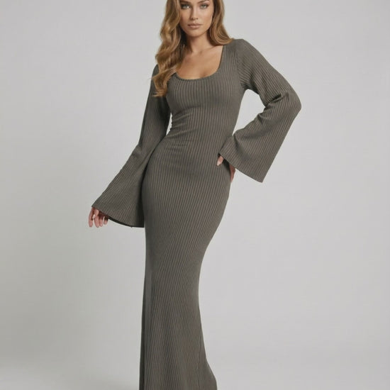 Arden Maxi Dress - Ribbed knit long sleeve olive grey gown by Lauven, featuring elegant silhouette and modern refined style.