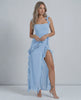 Celestine Maxi Dress by Lauven, light blue sheer chiffon dress with ruffled straps and thigh-high slit.