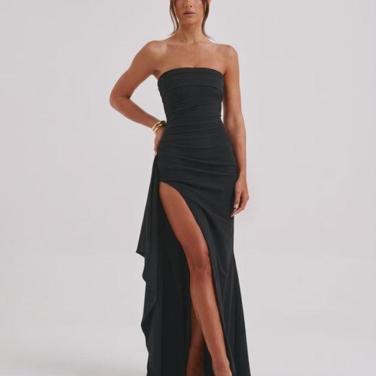 Solenne Maxi Dress - Strapless bandeau, asymmetrical design with side slit, crafted by Lauven.