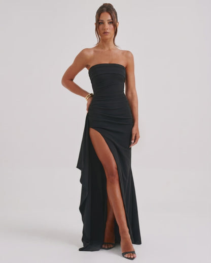 Solenne Maxi Dress - Strapless bandeau, asymmetrical design with side slit, crafted by Lauven.