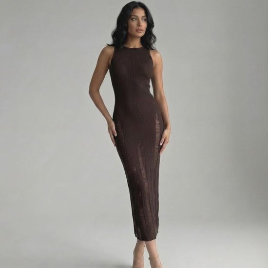 Vesper Midi Dress featuring a dark brown bodycon fit and sleek sleeveless design from Lauven, exuding modern minimalism.